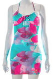 Multicolor Sexy Print Backless Halter Pencil Skirt Dresses