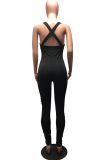Black Sexy Solid Ripped Square Collar Skinny Jumpsuits
