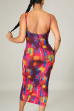 Red Sexy Print Patchwork Spaghetti Strap Pencil Skirt Dresses