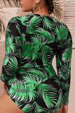 Green Casual Print Split Joint Zipper Zipper Collar Plus Size Swimwear