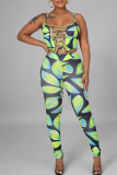 Green Sexy Print Hollowed Out Patchwork Frenulum Spaghetti Strap Sleeveless Two Pieces