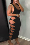 Blue Sexy Solid Hollowed Out Patchwork Knotted U Neck Two Pieces
