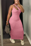 Red Fashion Sexy Solid Backless One Shoulder Sleeveless Dress