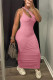 Pink Fashion Sexy Solid Backless One Shoulder Sleeveless Dress