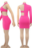 Pink Sexy Solid Hollowed Out Patchwork Asymmetrical Halter A Line Dresses