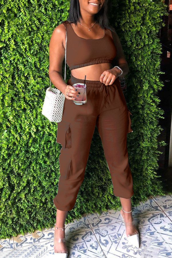 Brown Casual Solid Patchwork Spaghetti Strap Sleeveless Two Pieces