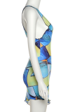 Green Sexy Print Patchwork V Neck Pencil Skirt Dresses