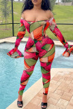 Rose Red Fashion Sexy Print See-through Backless Off the Shoulder Long Sleeve Two Pieces