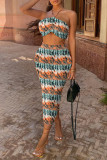 Multicolor Fashion Sexy Print Backless Strapless Sleeveless Two Pieces