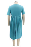 Light Blue Fashion Casual Plus Size Solid Basic O Neck Short Sleeve Dress (No Pocket)