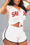 White Sportswear Striped Patchwork V Neck Short Sleeve Two Pieces