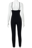 Black Sexy Solid Hollowed Out V Neck Skinny Jumpsuits