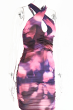 Red Sexy Print Hollowed Out Halter Pencil Skirt Dresses