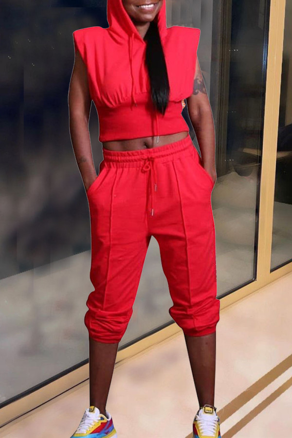 Red Casual Solid Patchwork Hooded Collar Sleeveless Two Pieces