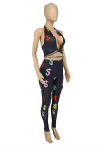 Rose Red Fashion Sexy Print Bandage Backless Halter Sleeveless Two Pieces