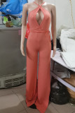 Purple Sexy Casual Solid Backless Slit Halter Regular Jumpsuits