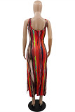 Red Fashion Sexy Print Backless Slit U Neck Vest Dress Dresses