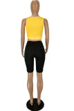 Yellow Sexy Print Bandage Hollowed Out Asymmetrical O Neck Sleeveless Two Pieces