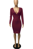 Color Blue Sexy Solid Patchwork V Neck Pencil Skirt Dresses