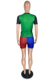 Red Casual Color Block Patchwork O Neck Short Sleeve Two Pieces
