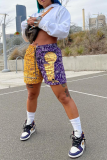 Blue Casual Print Patchwork Straight Mid Waist Straight Full Print Bottoms