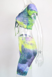 Green Sexy Print Patchwork Off the Shoulder Short Sleeve Two Pieces