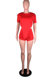 Red Fashion Casual Solid Asymmetrical O Neck Short Sleeve Two Pieces