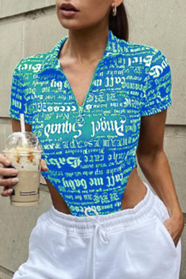 Blue Casual Print Patchwork Turndown Collar Tops