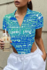 Blue Casual Print Patchwork Turndown Collar Tops