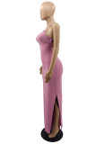 Pink Fashion Sexy Solid Backless Slit Spaghetti Strap Long Dress