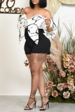 Black And White Fashion Sexy Patchwork Backless Off the Shoulder Regular Romper