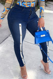 Medium Blue Fashion Casual Patchwork Basic Plus Size Jeans