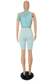 Light Blue Fashion Sexy Solid Hollowed Out See-through O Neck Short Sleeve Two Pieces