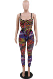Red Sexy Print Patchwork See-through Spaghetti Strap Sleeveless Two Pieces