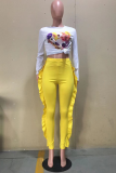 Yellow Casual Solid Flounce Skinny Mid Waist Pencil Solid Color Bottoms