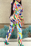 Rainbow Color Sexy Print Patchwork Long Sleeve Two Pieces