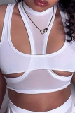White Sexy Solid Hollowed Out Patchwork O Neck Tops