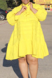 Yellow Casual Solid Split Joint Flounce V Neck Princess Plus Size Dresses