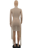 Blue Sexy Solid Bandage Patchwork See-through O Neck Pencil Skirt Dresses