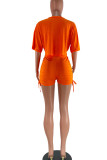 Tangerine Casual Solid Patchwork Frenulum O Neck Half Sleeve Two Pieces