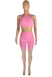 Pink Fashion Casual Solid Backless Halter Sleeveless Two Pieces