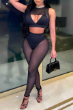 Blue Sexy Solid See-through Mesh O Neck Sleeveless Two Pieces