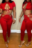 Red Sexy Solid Hollowed Out O Neck Short Sleeve Two Pieces