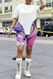 White Fashion Casual Print Asymmetrical O Neck Short Sleeve Two Pieces