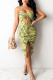 Shallow Yellow Sexy Print Hollowed Out Frenulum Slit Spaghetti Strap Sling Dress Dresses