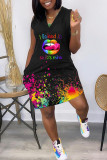 Multicolor Fashion Casual Print Basic V Neck Vest Dress