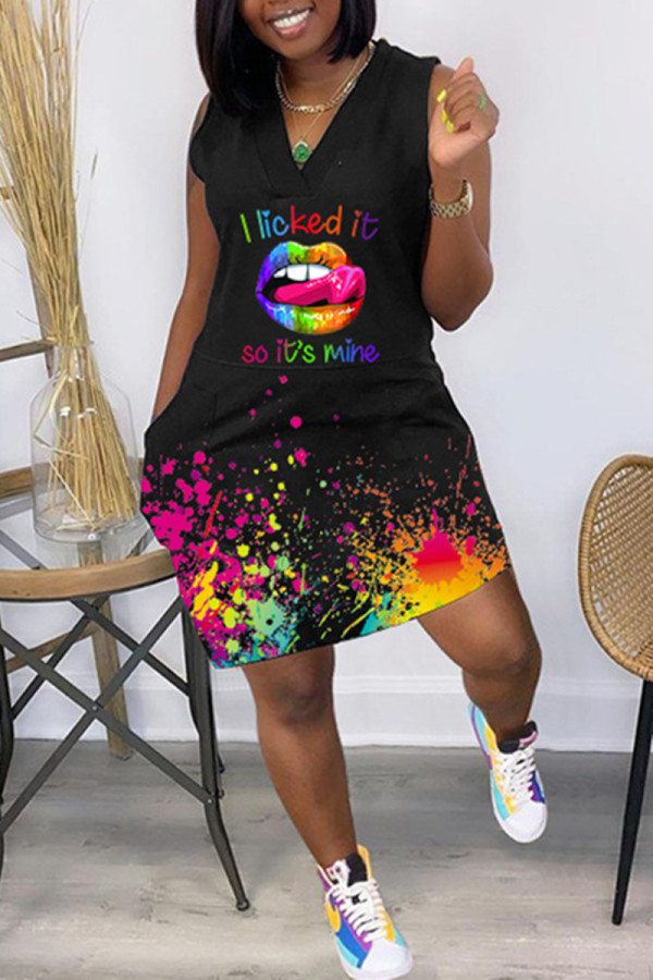 Multicolor Fashion Casual Print Basic V Neck Vest Dress