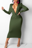 Army Green Sexy Solid Patchwork Fold V Neck Pencil Skirt Dresses