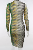Green Sexy Striped Print Split Joint O Neck Long Sleeve Dresses