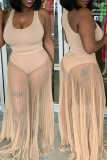 Beige Fashion Sexy Solid See-through U Neck Sleeveless Two Pieces Swimwears